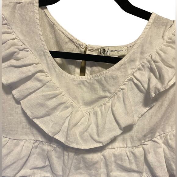 Neiman Marcus 100% Linen Blouse Women’s Size XL White Ruffled Cold Shoulder - Picture 3 of 11